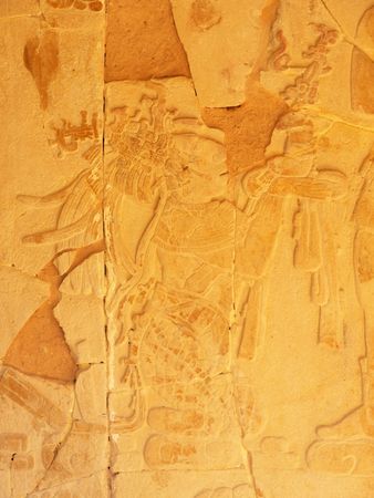 Carved depiction of the kneeling mother of King Pakal, the ruler of the ancient Mayan city of Palenque, Chiapas, Mexico.の写真素材