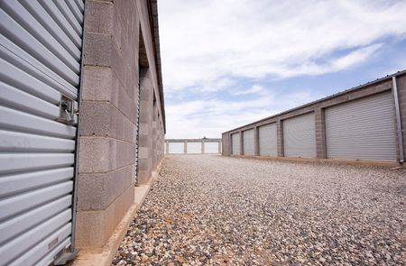  Wide angle view of storage units in concrete buildings.の写真素材