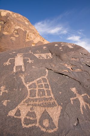 Petroglyphs carved onto rock surface by prehistoric Native American(s) at Anasazi Canyon, Utah, USAの写真素材
