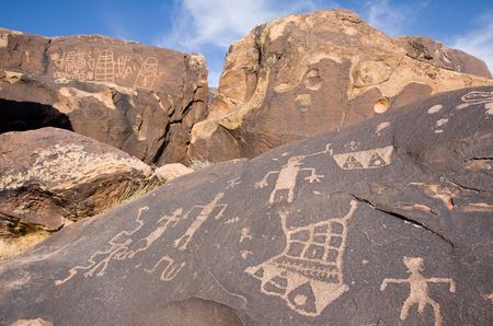 Petroglyphs carved onto rock surface by prehistoric Native American(s) at Anasazi Canyon, Utah, USAの写真素材