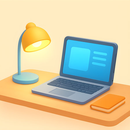 Laptop and lamp on the table. Workplace. Vector illustrationの素材