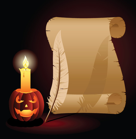 Halloween background with Jack O' Lantern, old paper and feather, illustrationのイラスト素材