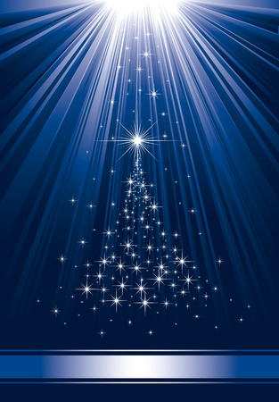 Abstract winter blue background, with stars and Christmas tree, illustrationのイラスト素材