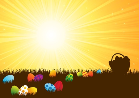Easter eggs siting in the grass against a Sunburst, illustrationのイラスト素材