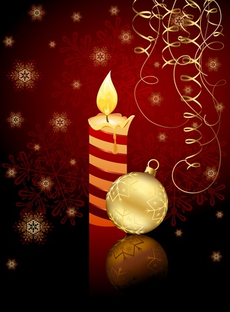 Burning candle, Christmas ball, tinsel and snowflakes, illustrationのイラスト素材