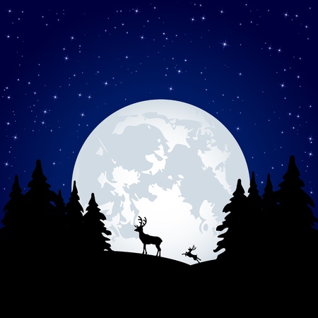 Silhouette of a two deer on Moon background, illustrationのイラスト素材