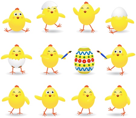 Set of amusing Easter chickens on white background, illustrationのイラスト素材