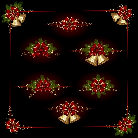 Set of elements for an ornament with Christmas bells, bow and tinsel, illustration.のイラスト素材