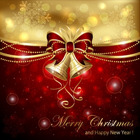 Background with Christmas bells, red bow and tinsel, illustration.のイラスト素材