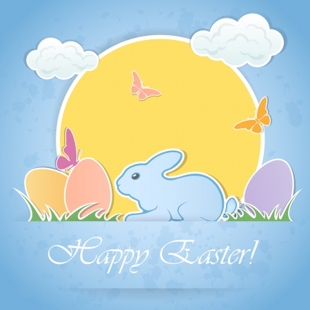 Amusing Easter rabbit with eggs and butterfly, illustration.のイラスト素材