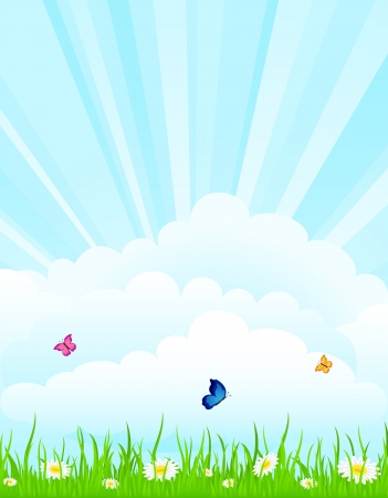 Summer background with flowers and butterflies, illustration.のイラスト素材