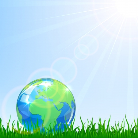 Shiny Globe in a grass on blue sky background, illustrationのイラスト素材