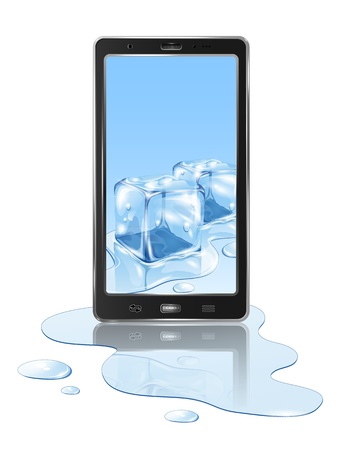 Realistic mobile phone with ice cube and water, isolated on white background, illustration.のイラスト素材