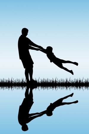 Silhouettes of a happy family of the father and the child, illustration.のイラスト素材
