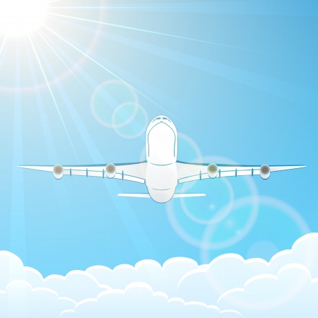 White airplane fly on blue sky background, illustration のイラスト素材
