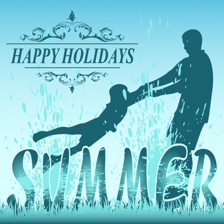 Father and child on blue grunge background, illustration.のイラスト素材