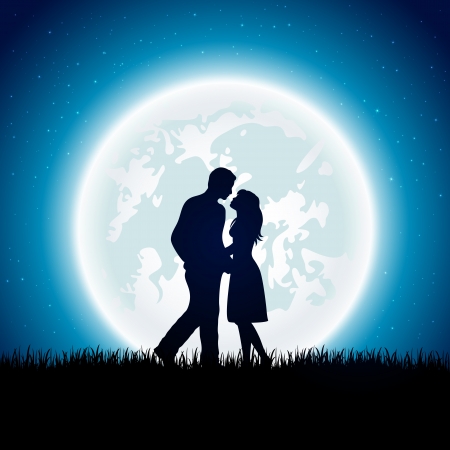 Enamored couple with Moon on the night sky background, illustration  のイラスト素材