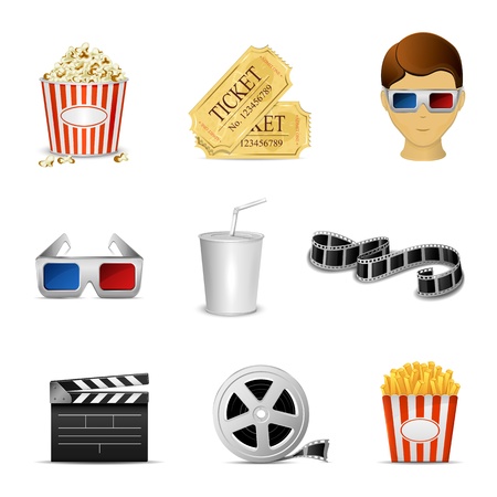 Collection of nine cinema icons isolated on white background, illustration のイラスト素材