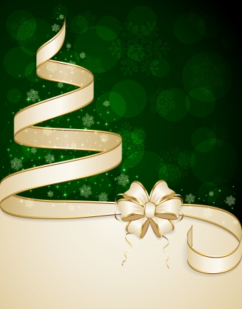 Beige ribbon in the form of Christmas tree with stars and snowflakes on green background, illustration のイラスト素材