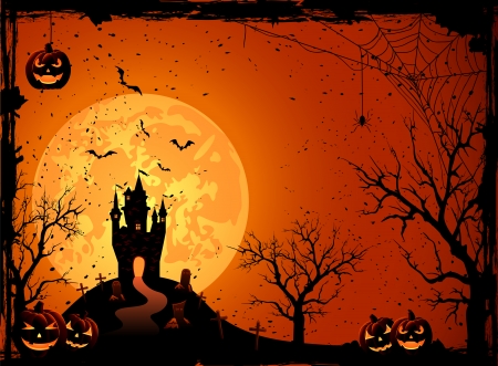 Halloween night, black castle on the moon background, illustration のイラスト素材