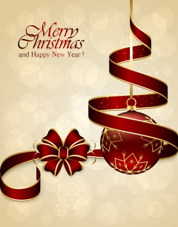 Christmas background with red bow, ribbon and bauble, illustration のイラスト素材