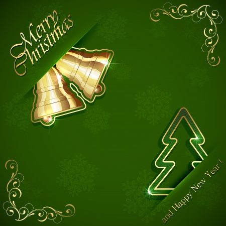 Christmas tree and shiny bells on green background, illustration のイラスト素材