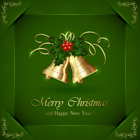 Green Christmas background with Holly berries and bells, illustration のイラスト素材