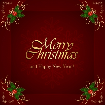 Red Christmas background with Holly berries, illustration のイラスト素材