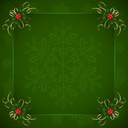 Green Christmas background with Holly berries and snowflakes, illustration のイラスト素材