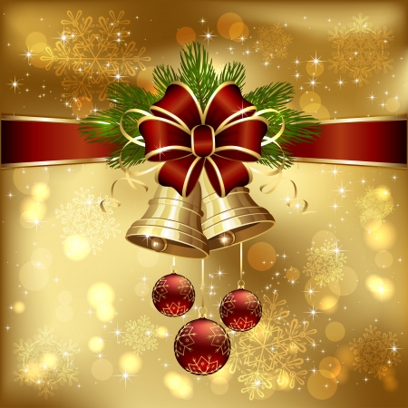 Golden background with Christmas bells, red bow, spruce branches and baubles, illustration のイラスト素材