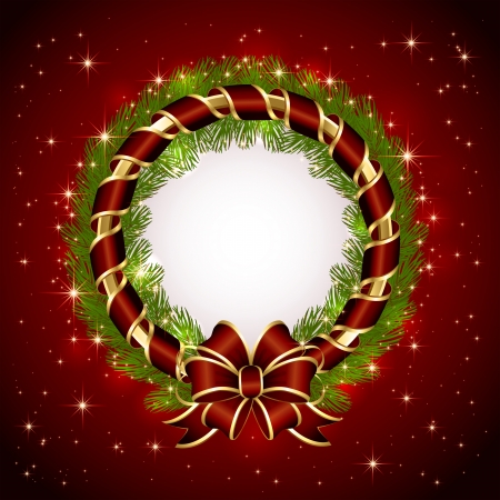 Red background with Christmas decoration, bow and spruce branches, illustration のイラスト素材