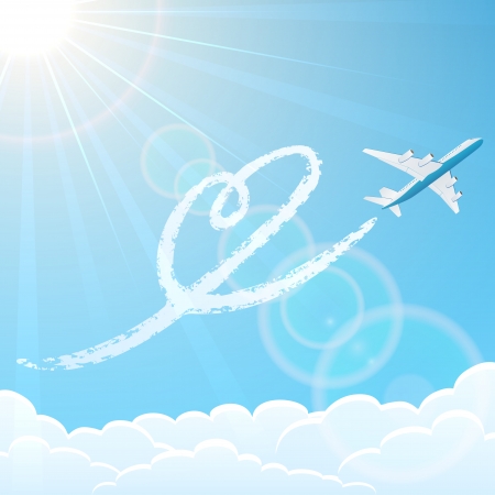 White airplane on blue sky background with heart, illustration のイラスト素材