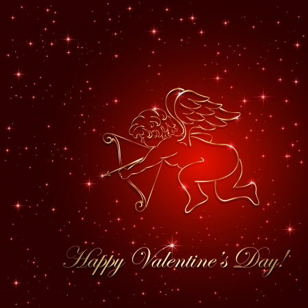Red valentines background with golden cupid and stars, illustration のイラスト素材