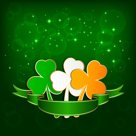 Set of colored leaves of a clover on green background with ribbon, illustration のイラスト素材