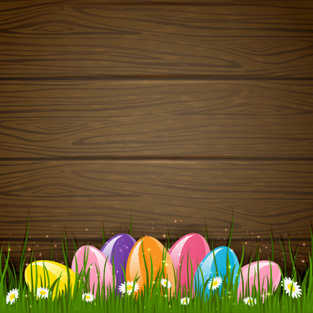 Colored Easter eggs on wooden background, illustration のイラスト素材