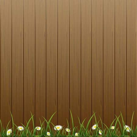 Wooden fence and grass with flowers illustration のイラスト素材