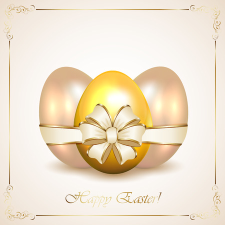 Three Easter eggs with ribbon and floral frame illustration のイラスト素材