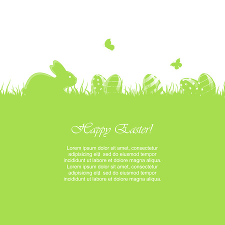 Easter green background with little rabbit and eggs in a grass, illustration のイラスト素材