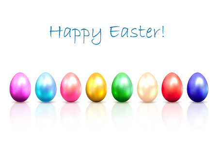 Set of shiny colored Easter eggs with reflection isolated on a white background, illustration のイラスト素材