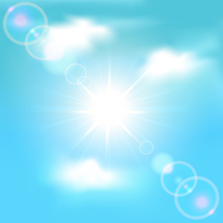 Sun shining in blue sky with clouds, illustration のイラスト素材