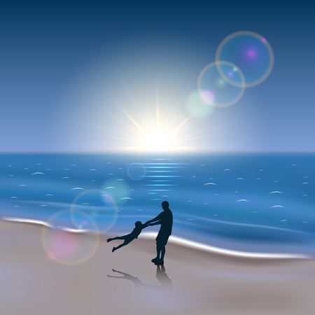 Silhouettes of a happy family of the father and the child on a night beach, illustration のイラスト素材