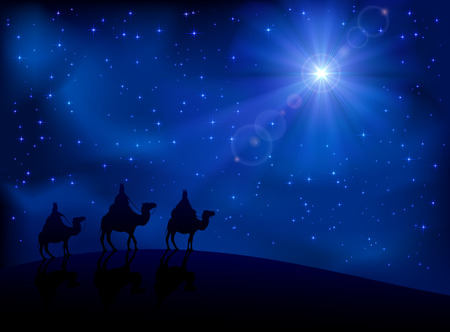 Christian Christmas scene with the three wise men and shining star, illustration