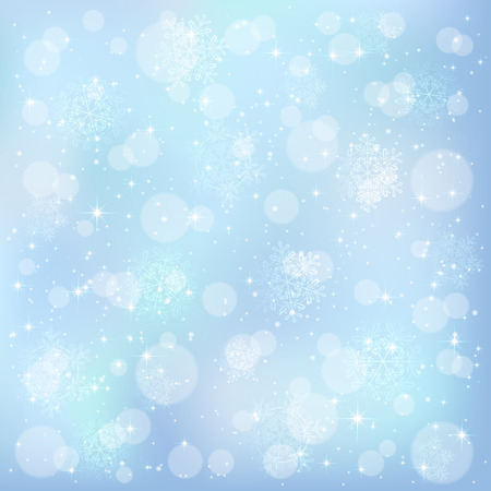 Blue Christmas background with blurry lights, snowflakes and shining stars, illustration のイラスト素材