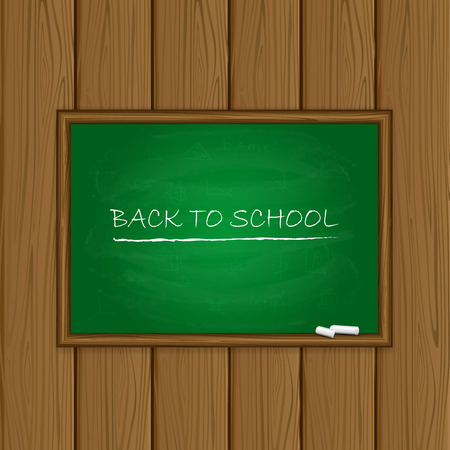 Words back to school written on a green chalkboard with chalk on wooden background, illustration.のイラスト素材