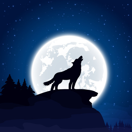 Halloween night background with wolf and Moon, illustration.のイラスト素材