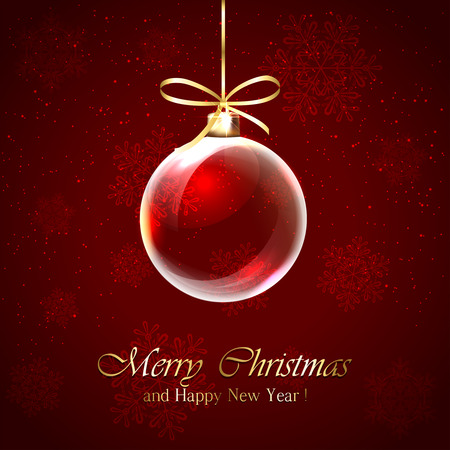 Red background with Christmas ball and snowflakes, illustration.のイラスト素材