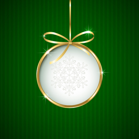 Green Christmas background with ball and golden ribbon, illustration.のイラスト素材