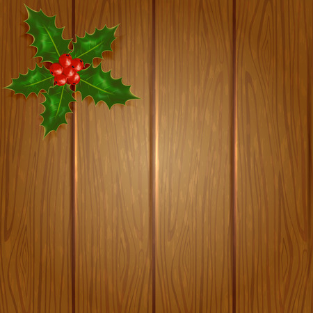 Wooden Christmas background with holly berry, illustration.のイラスト素材