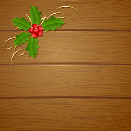 Christmas wooden background with holly berry, illustration.のイラスト素材