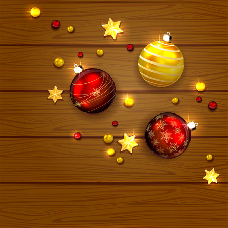 Christmas red and golden balls with decorative stars and  beads on wooden background, illustration.のイラスト素材